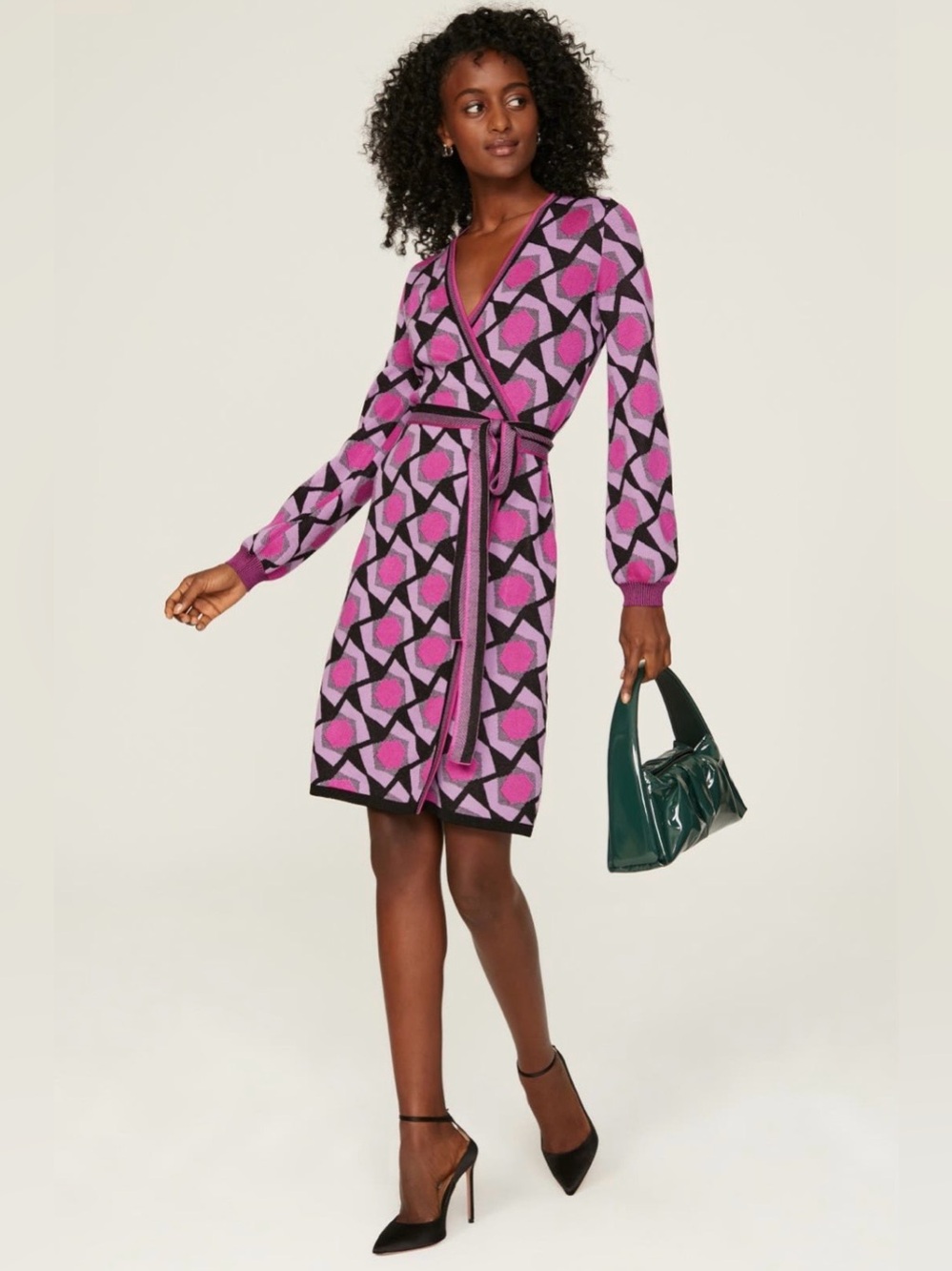 Diane Von Furstenberg Pink and Black~Alexio Knit Wrap Dress~Size Small~$588~